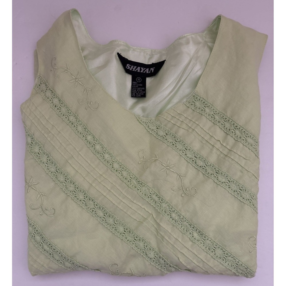 SHAYAN Women's Green Embroidered Floral 100% Linen Sleeveless Top Tank Sz Medium
